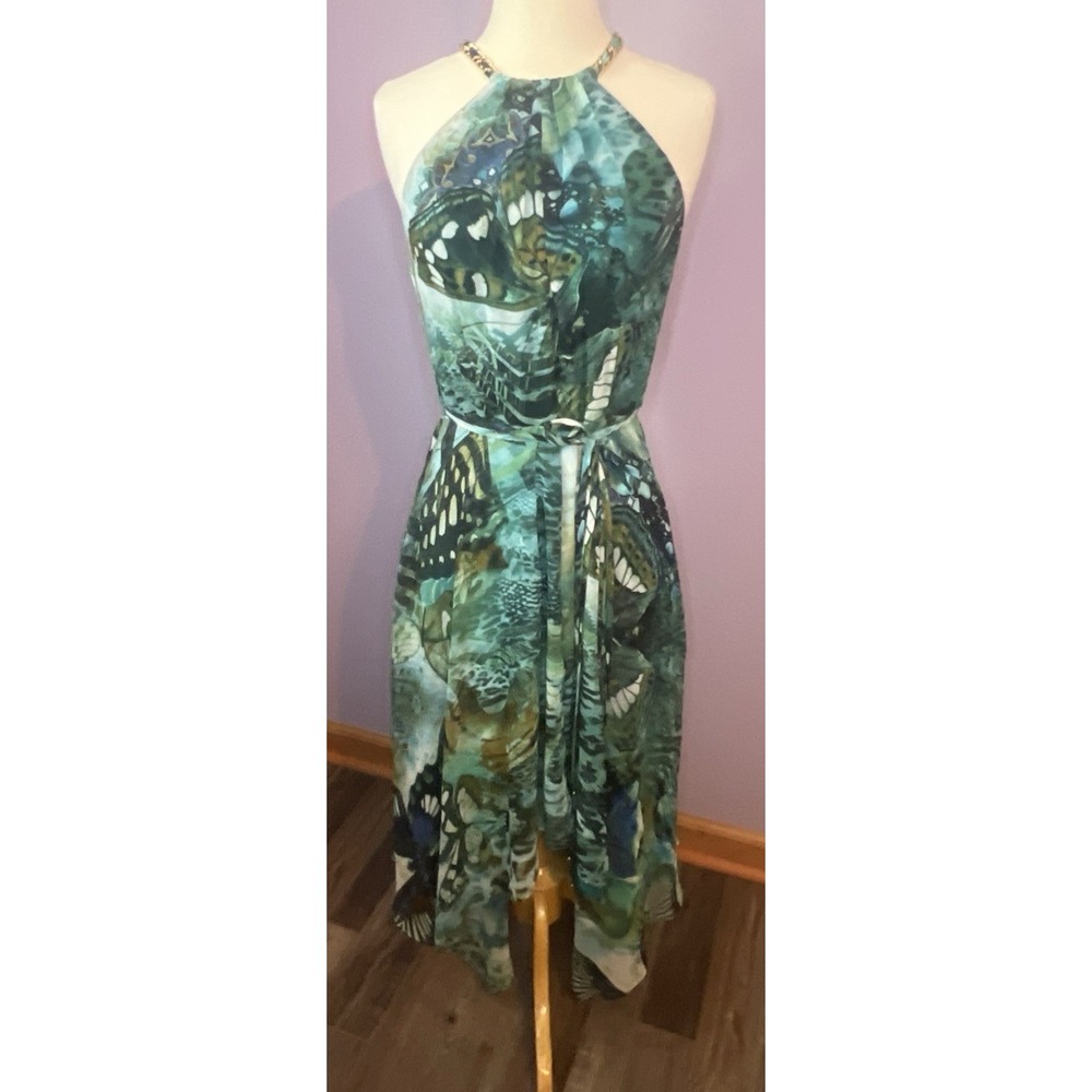 Vintage CACHE Y2K Teal Butterfly Halter Maxi Dress Fairycore Assymetrical Size 4